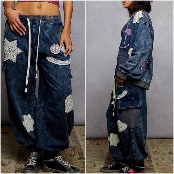 POL Mineral Wash Blue Peace Floral Lace Patch Joggers - Picture 2 of 3